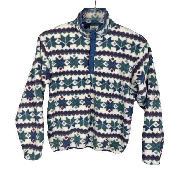 VTG 80s L.L. Bean 1/4 Snap Fleece Women’s Medium Blue Green Fair Isle USA Made - Picture 1 of 11